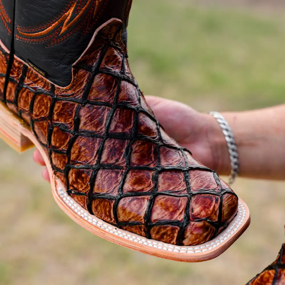 Cognac Pirarucu Leather Boots - Square Toe