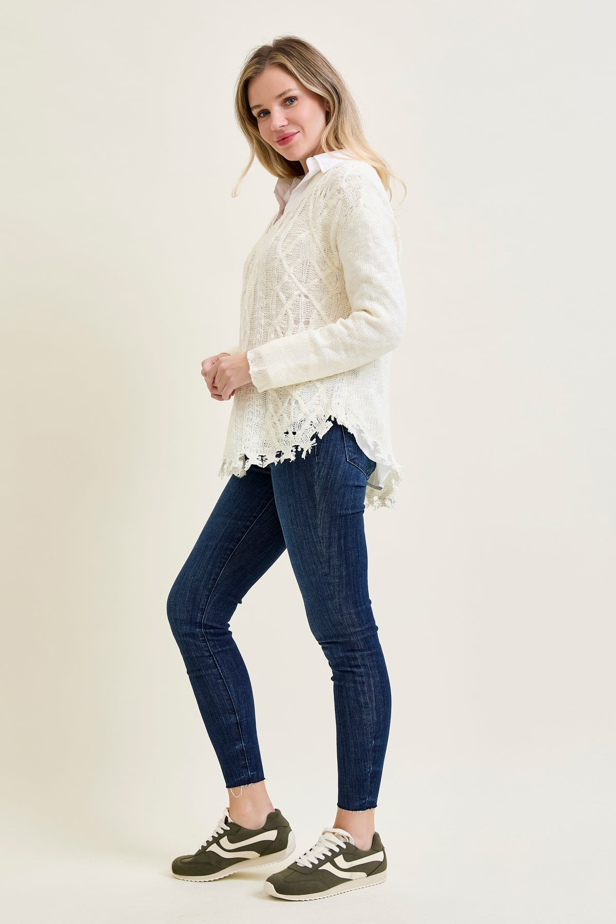 Cable Front Fringe Pullover White Sweater