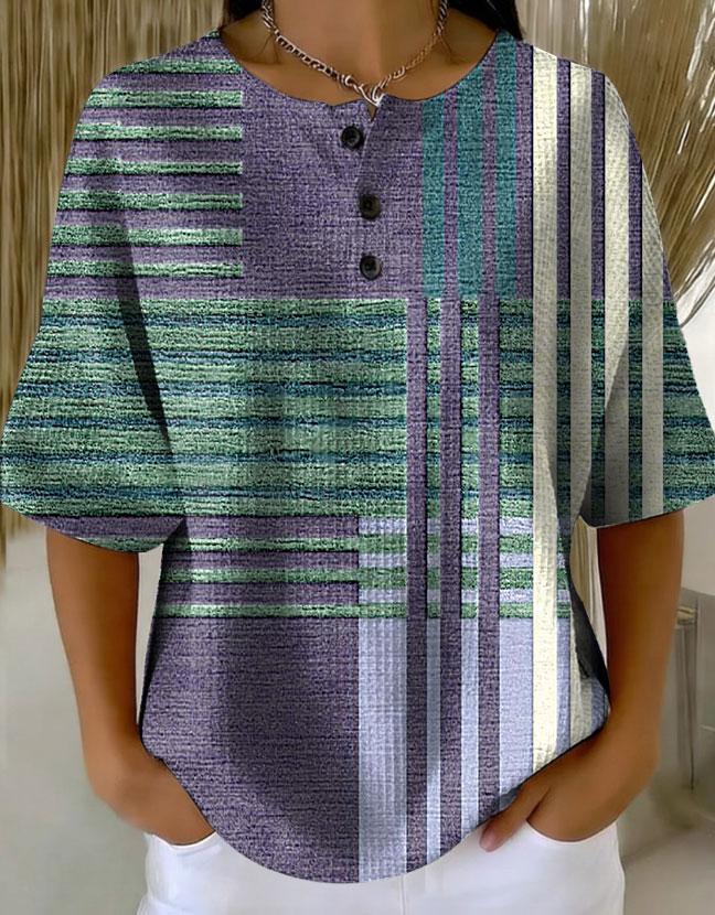 Women's Retro Geometric Patchwork Abstraction Patterns Art Print Casual Waffle Cotton Shirt