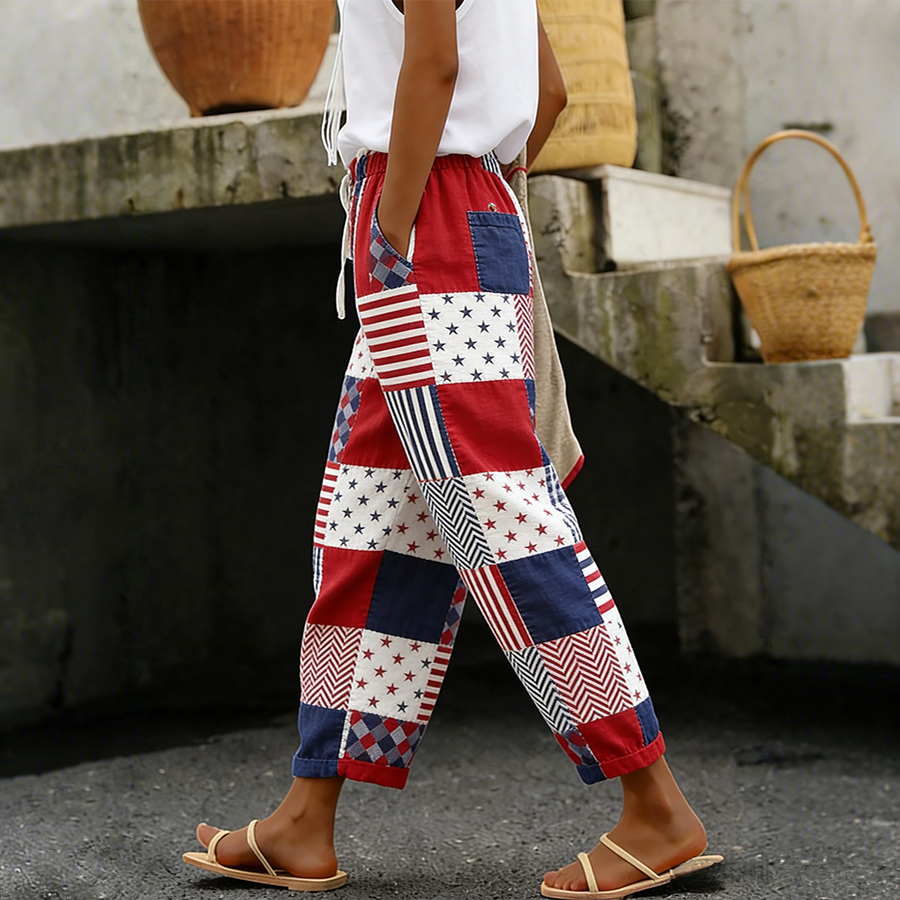 Women's Cotton Linen Patriotic Print Casual Cropped Trousers