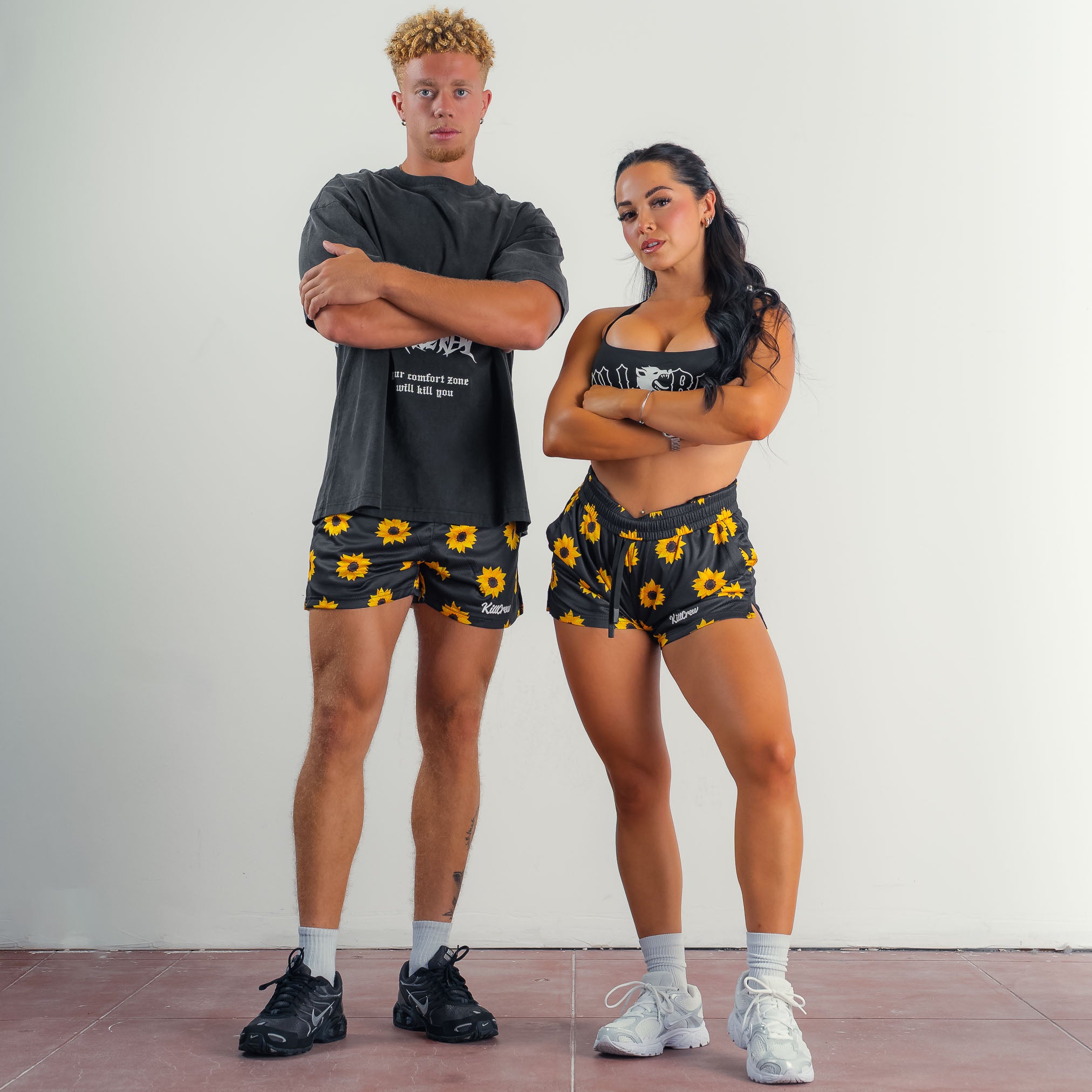 MUAY THAI SHORTS (MID THIGH CUT) SUNFLOWER - BLACK