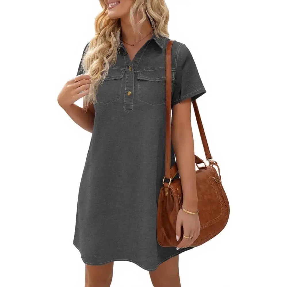 Women's Short Sleeve Denim Dress Button Down Collared Loose Fit Summer Casual Jean Shirt Mini Dresses