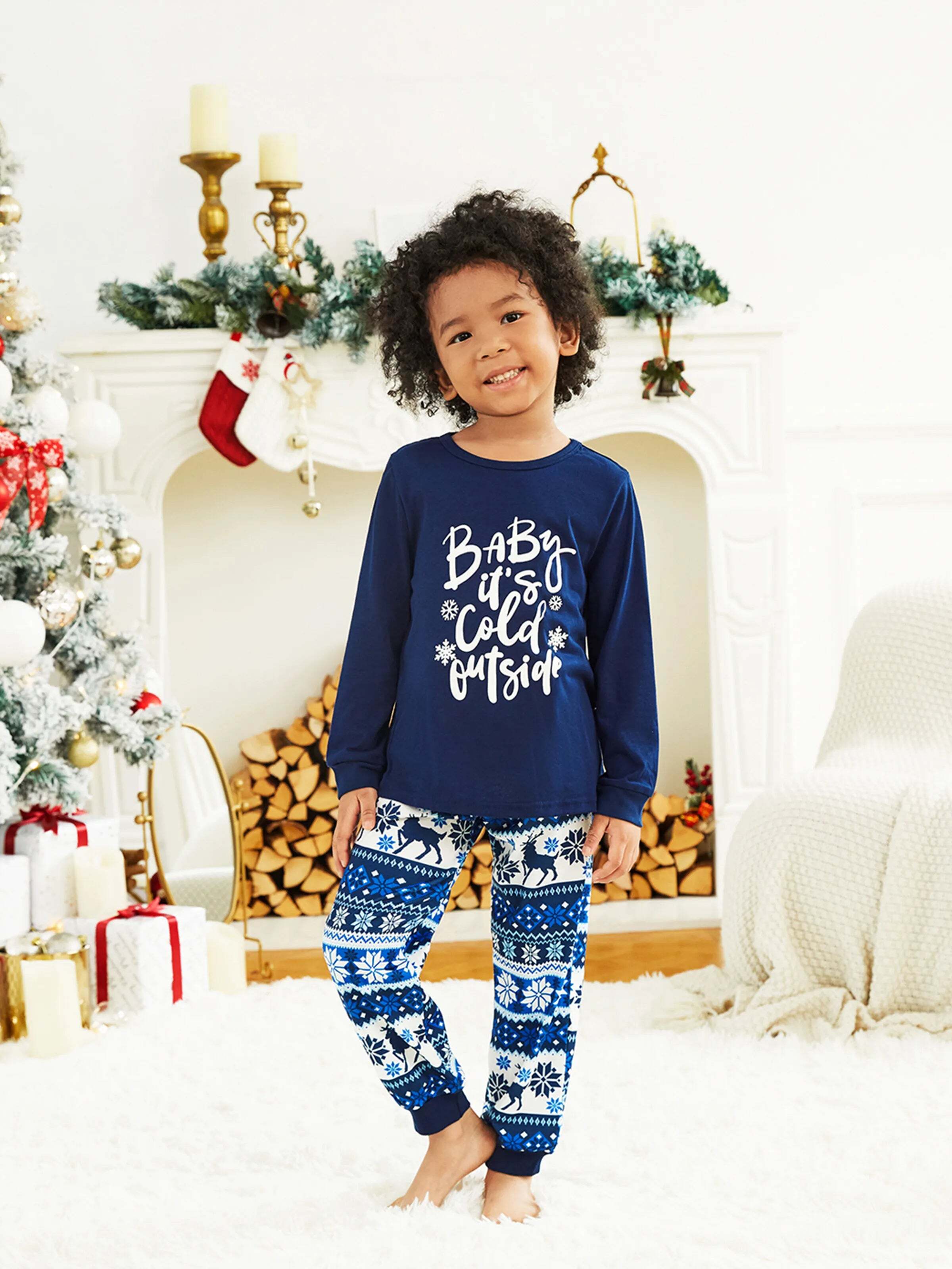 Mosaic Family Matching Letter Top Reindeer Pants Christmas Pajamas Sets with Christmas Socks Deep Blue
