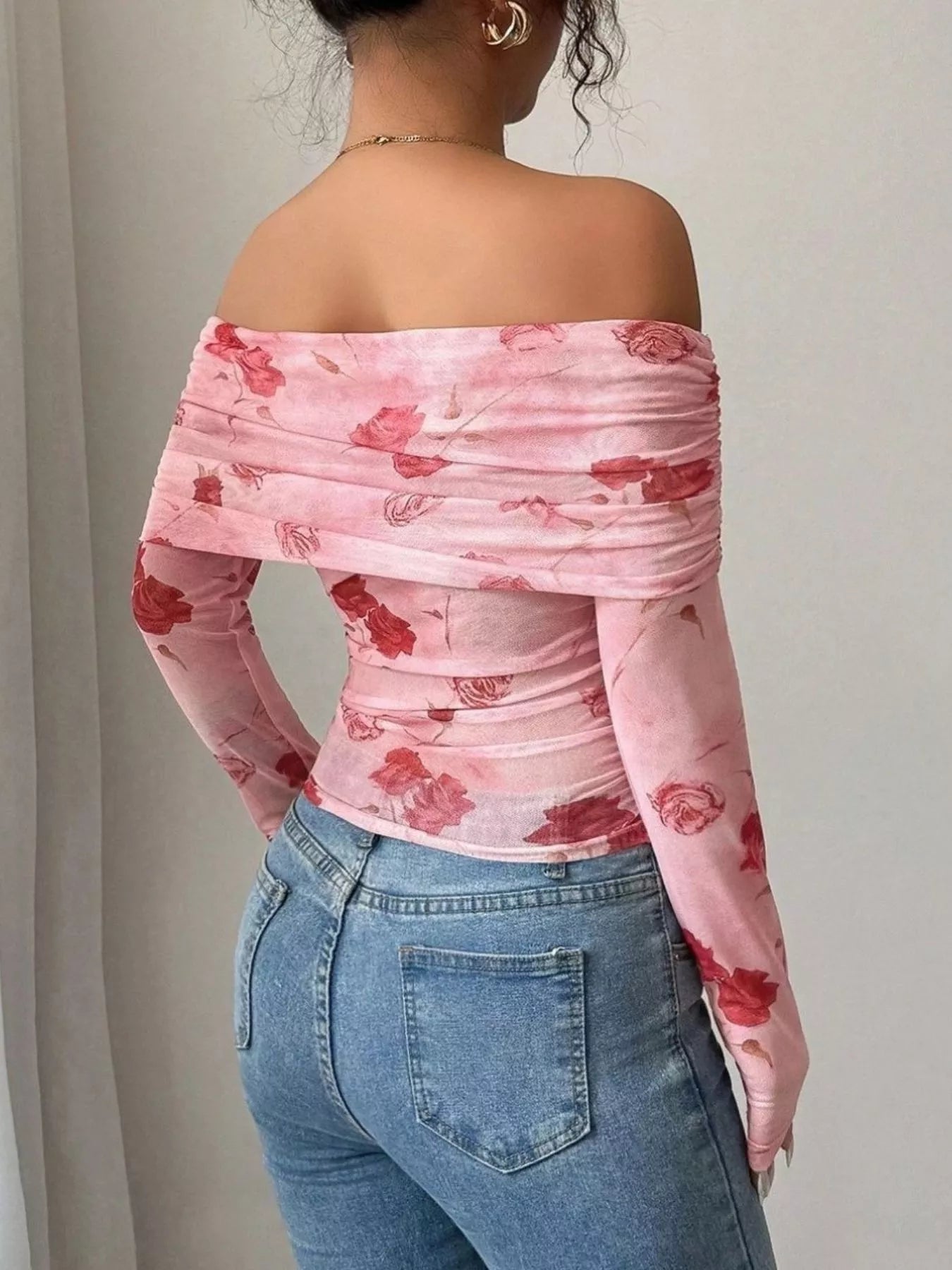 Floral Print Off-Shoulder Mesh Top