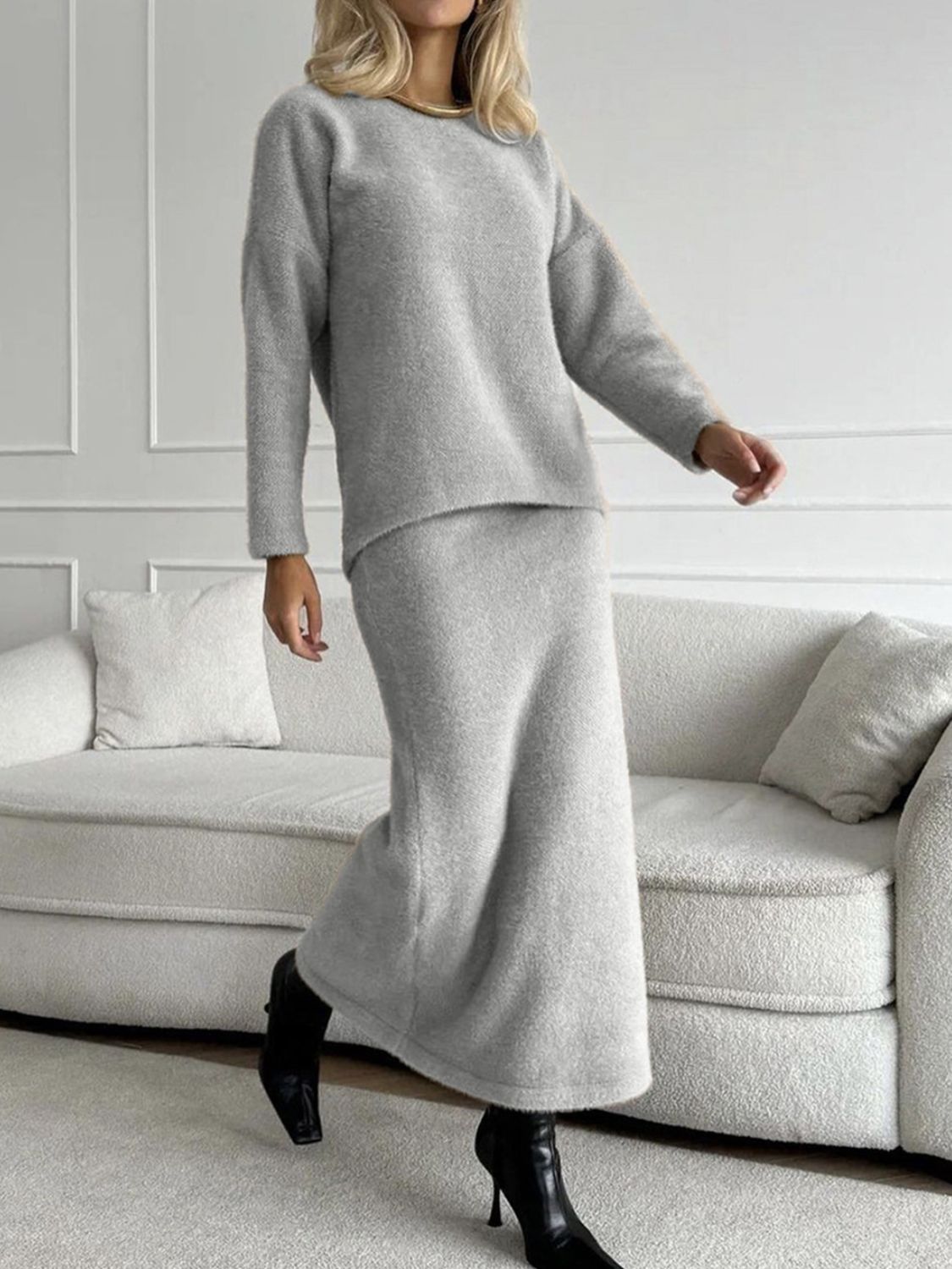 Round Neck Dropped Shoulder Top And Midi Skirt Sweater Set