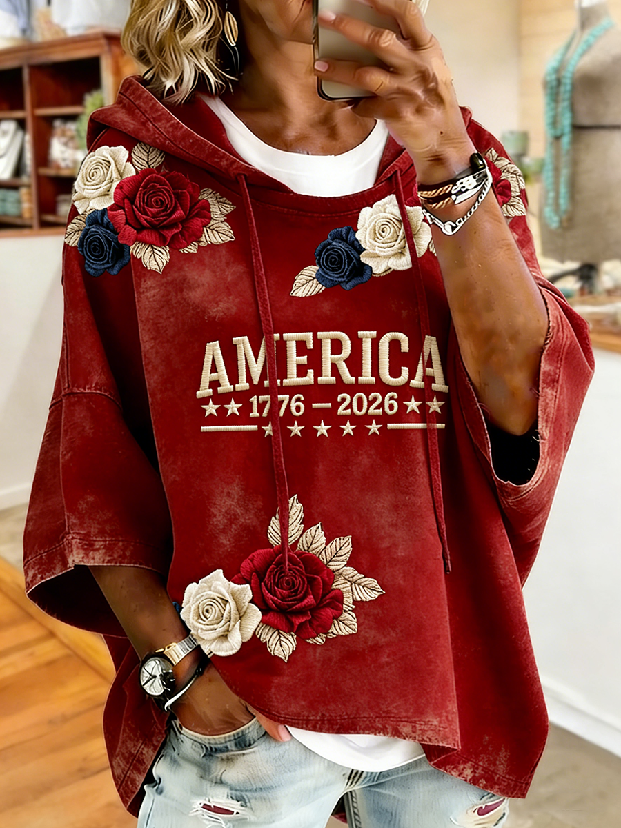 Patriotic America 1776-2026 Rose Embroidered Hooded