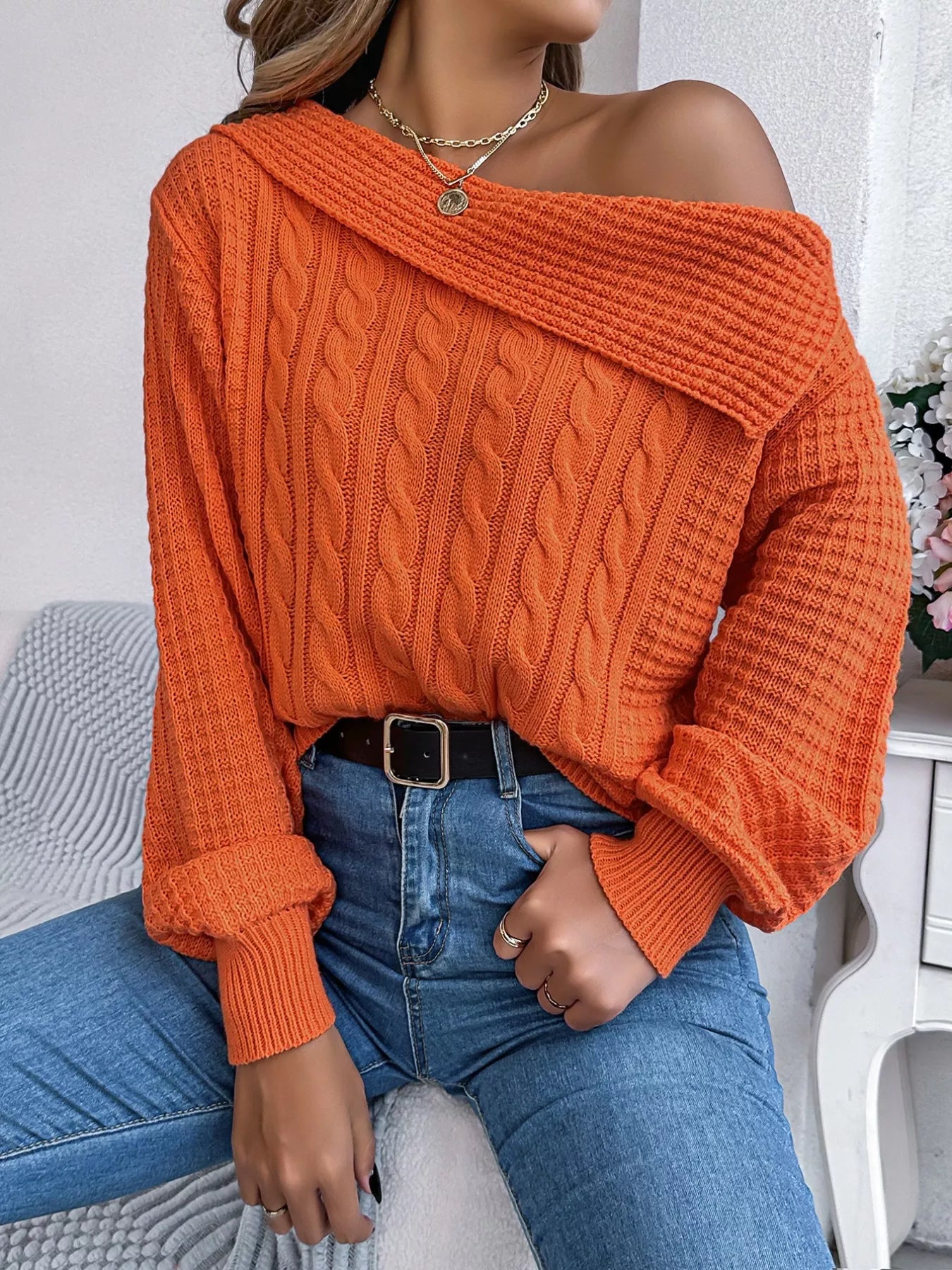 Off-Shoulder Cable Knit Sweater