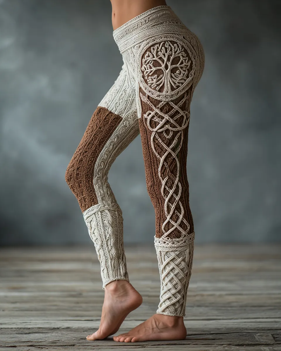 Vintage Viking Tree Of Life Celtic Knot Art Knit Jacquard Cozy Leggings