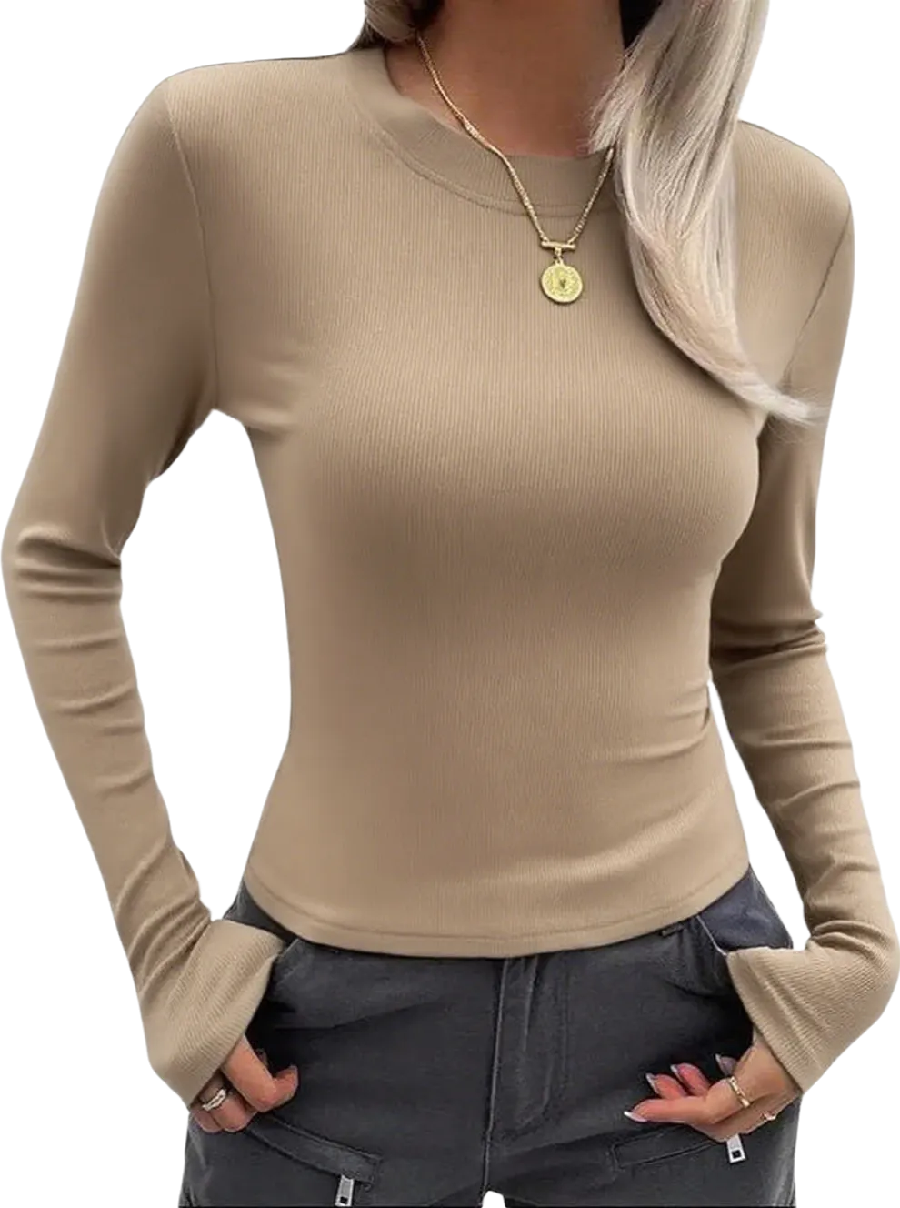 Women Long Sleeve Stretch Slim Round Neck Ribbed Basic Top