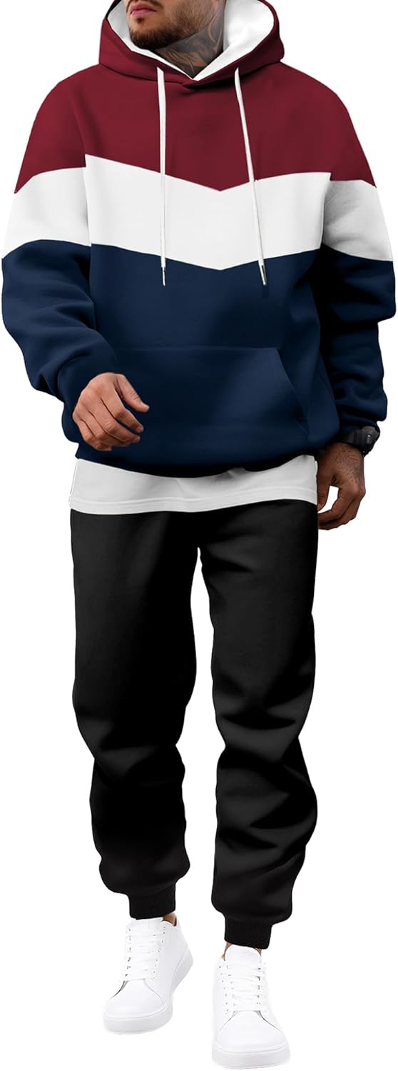Men's Hoodie Tracksuit 2 Pieces Set Novelty Color Block Pullover Fleece Hoodies Long Sleeve Casual Sweatshirt