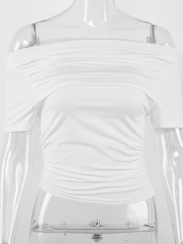 Pleated Solid Color Split-Joint Short Sleeves Skinny Boat Neck T-shirts