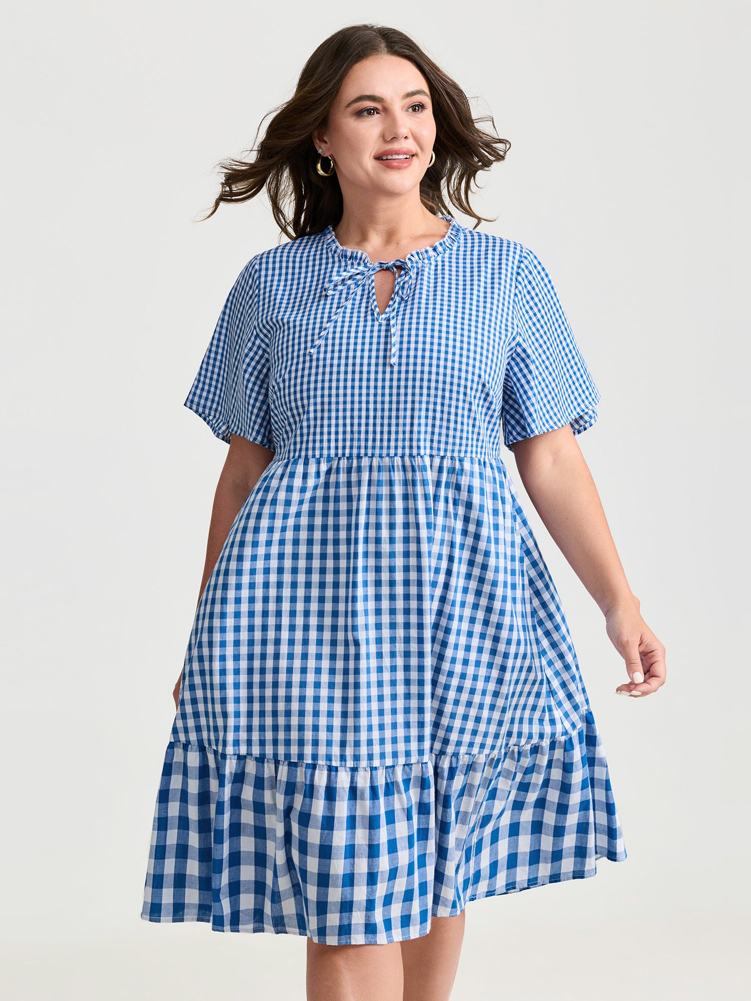 Checkered Stripe Flared Sleeve Pockets Mini Dress