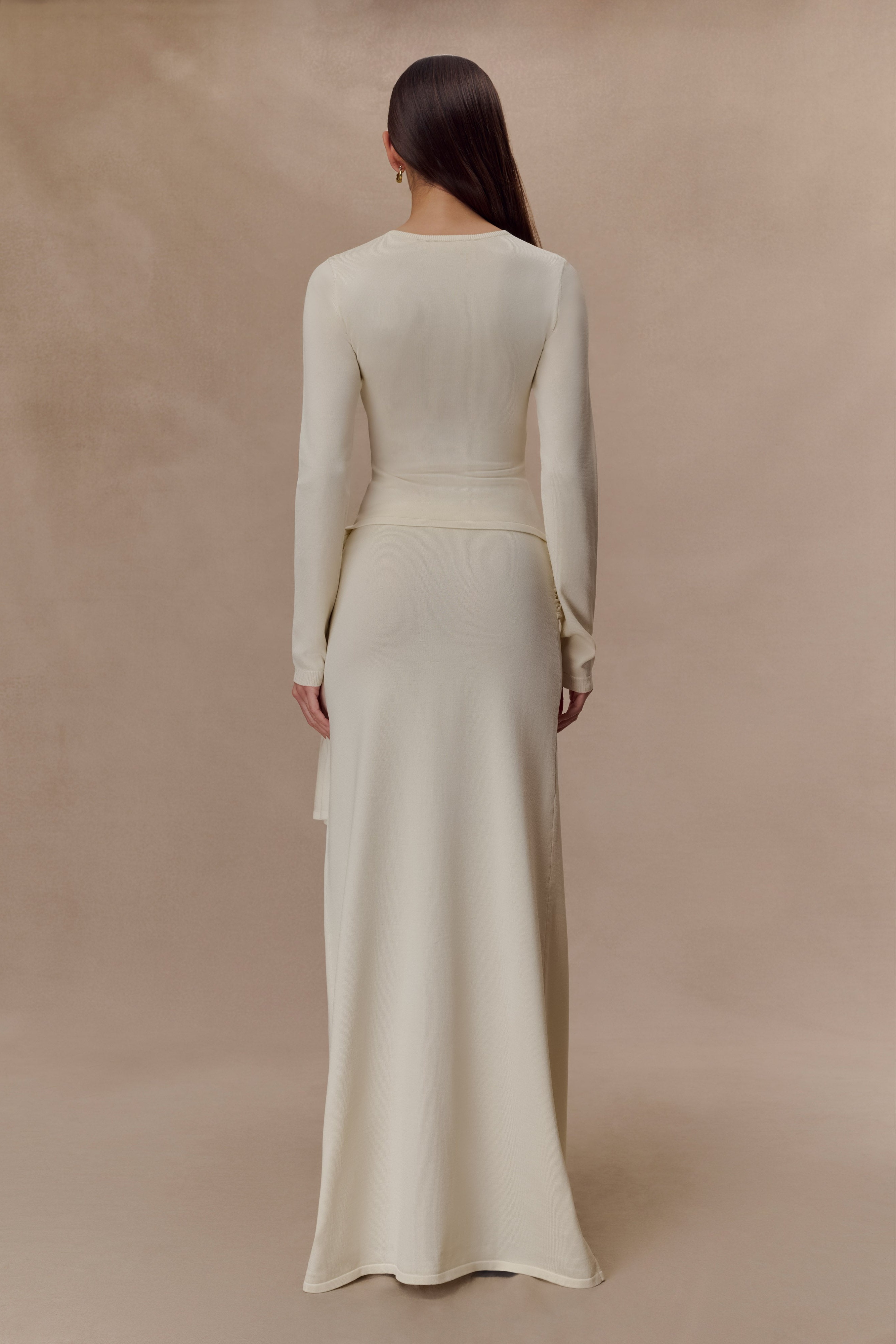 Ivory Front Ruched Knit Long Sleeve Top