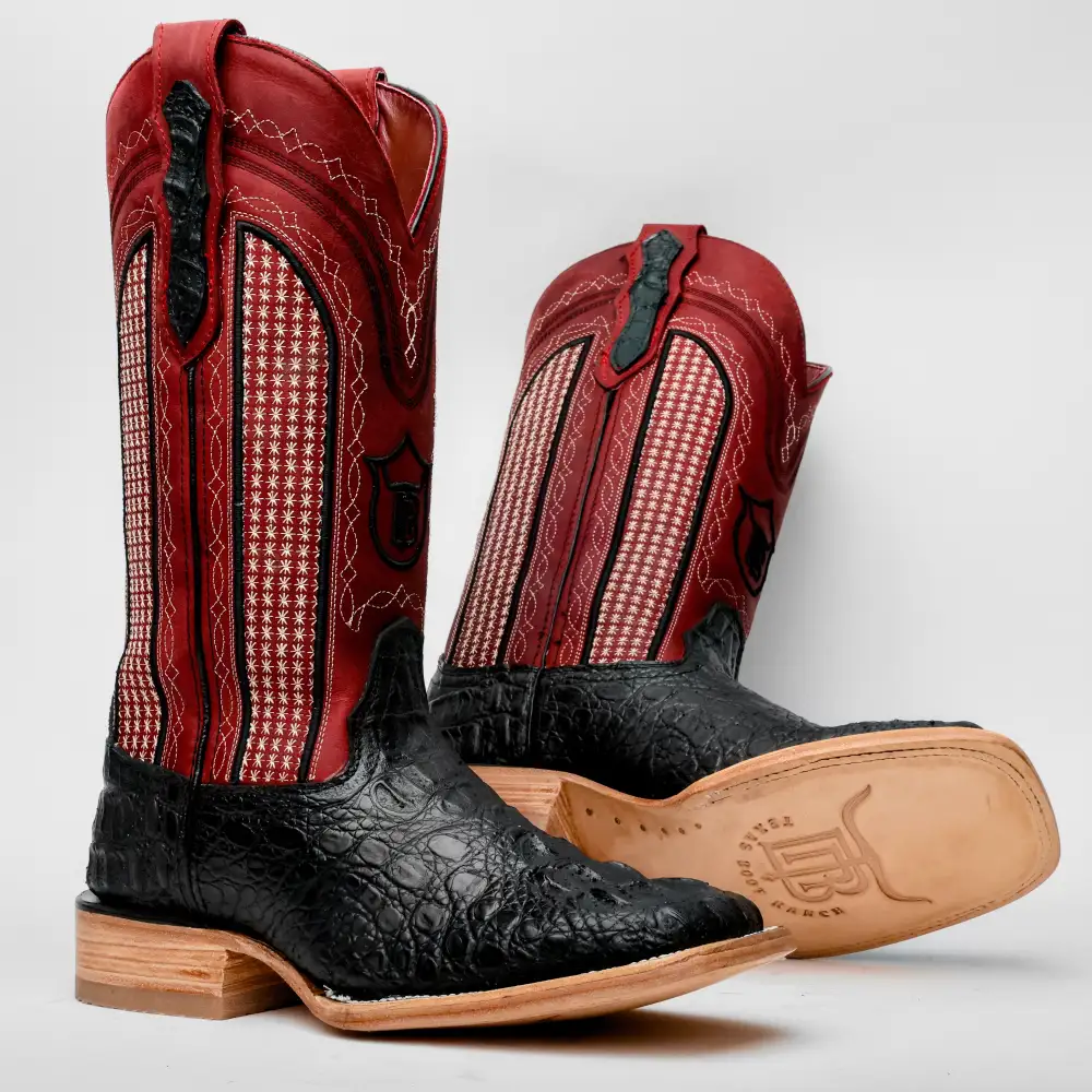 Black Caiman Neck Leather Boots - Square Toe