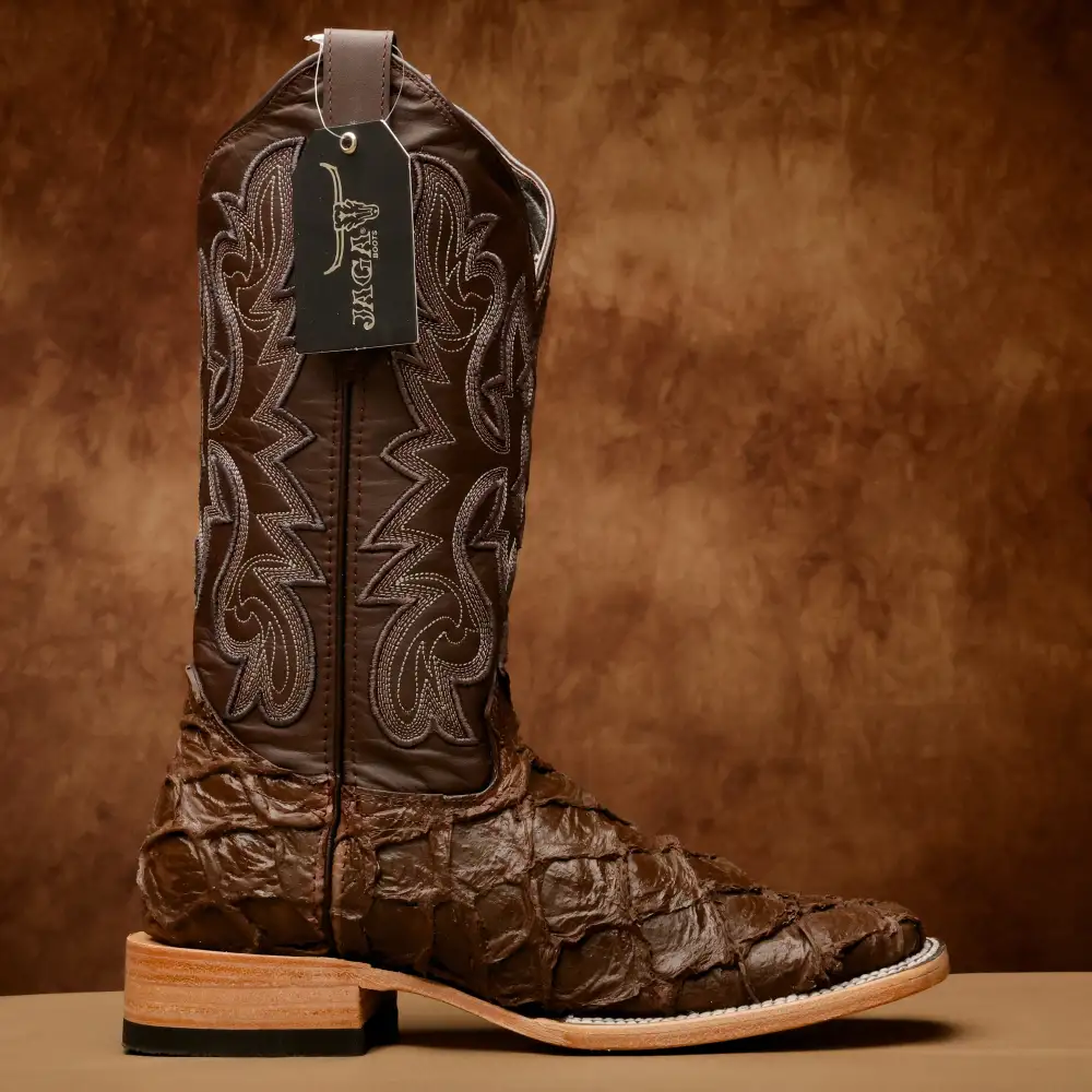 Matte Brown Jumbo Pirarucu Leather Boots - Square Toe