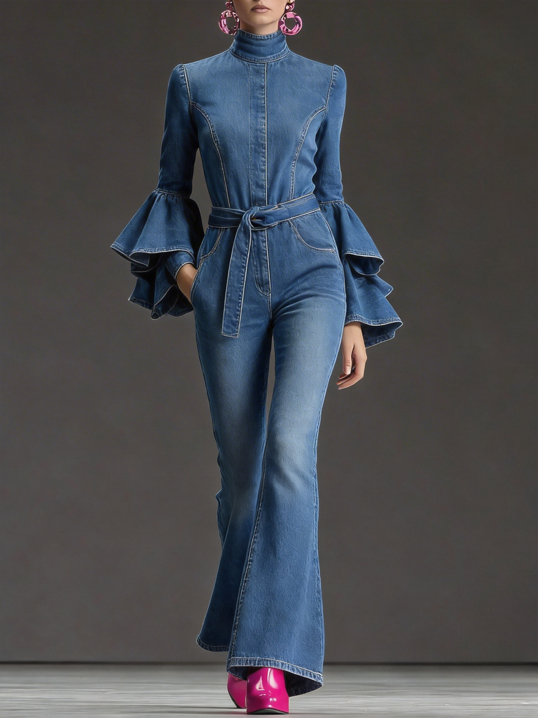 Retro denim ruffled long-sleeved jumpsuit with bell-bottoms