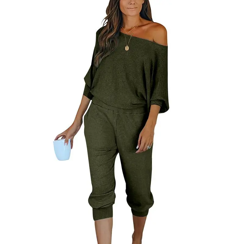 Women's 2-Piece Set Ribbed Knit Off Shoulder Tops Lounge Pants Tracksuit