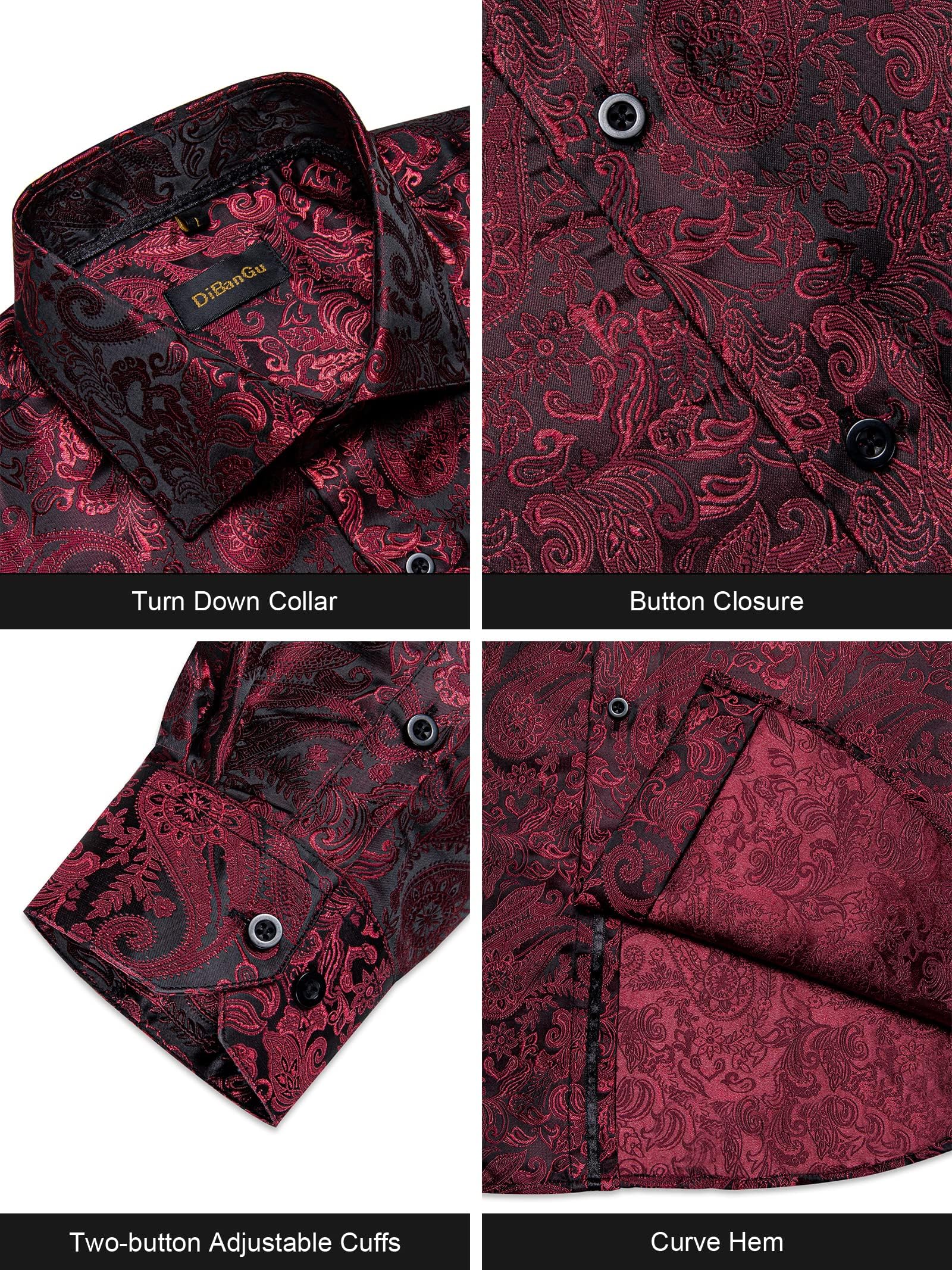 Men's Paisley Dress Shirt Long Sleeve Wrinkle Free Button Down Cowboy Shirts - Deep Red&black&paisley