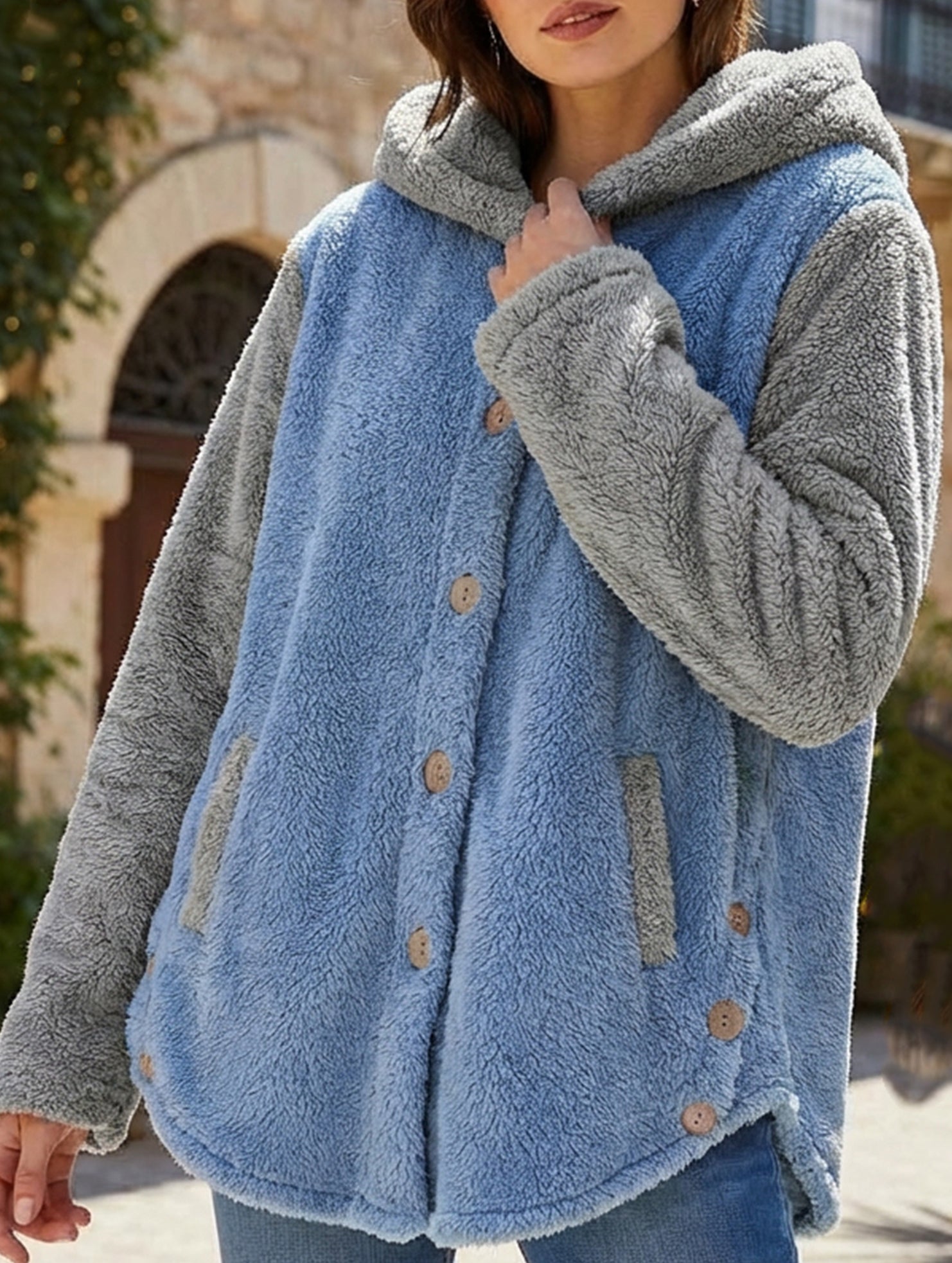 Irregular button color-blocked coat