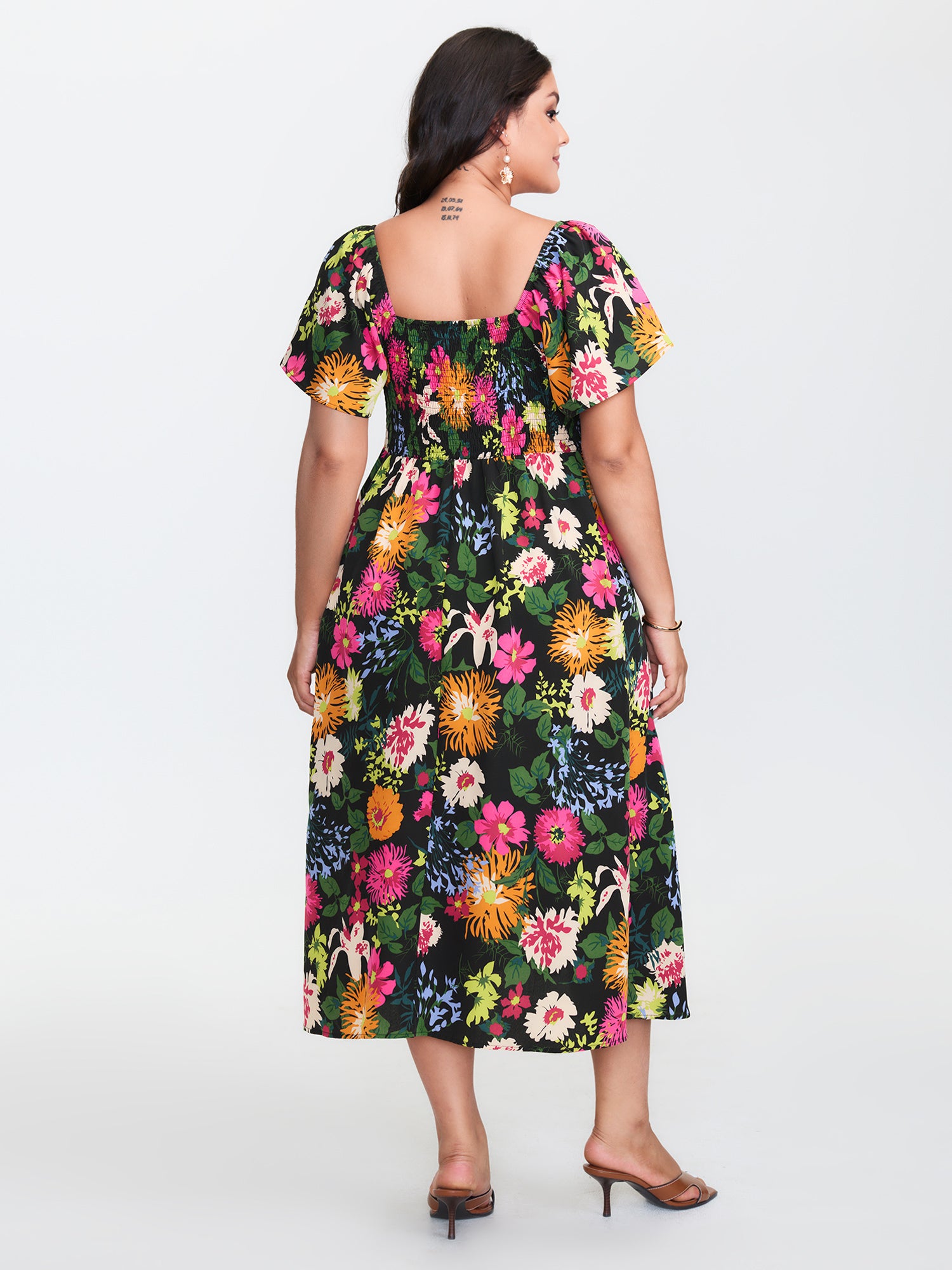 Floral Shirred Square Neck Pocket Midi Dress