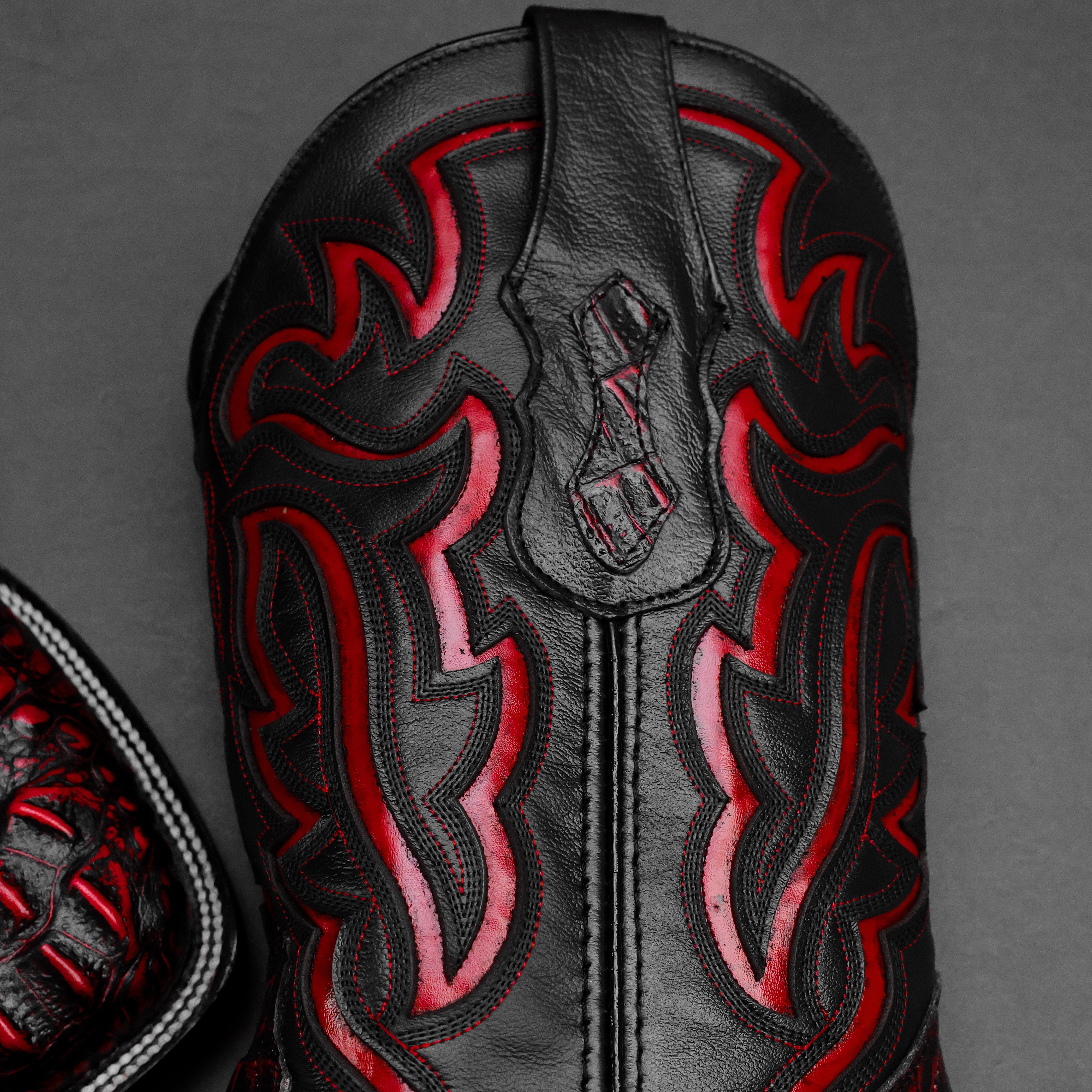 Black/Red Caiman Neck Leather Boots - Square Toe