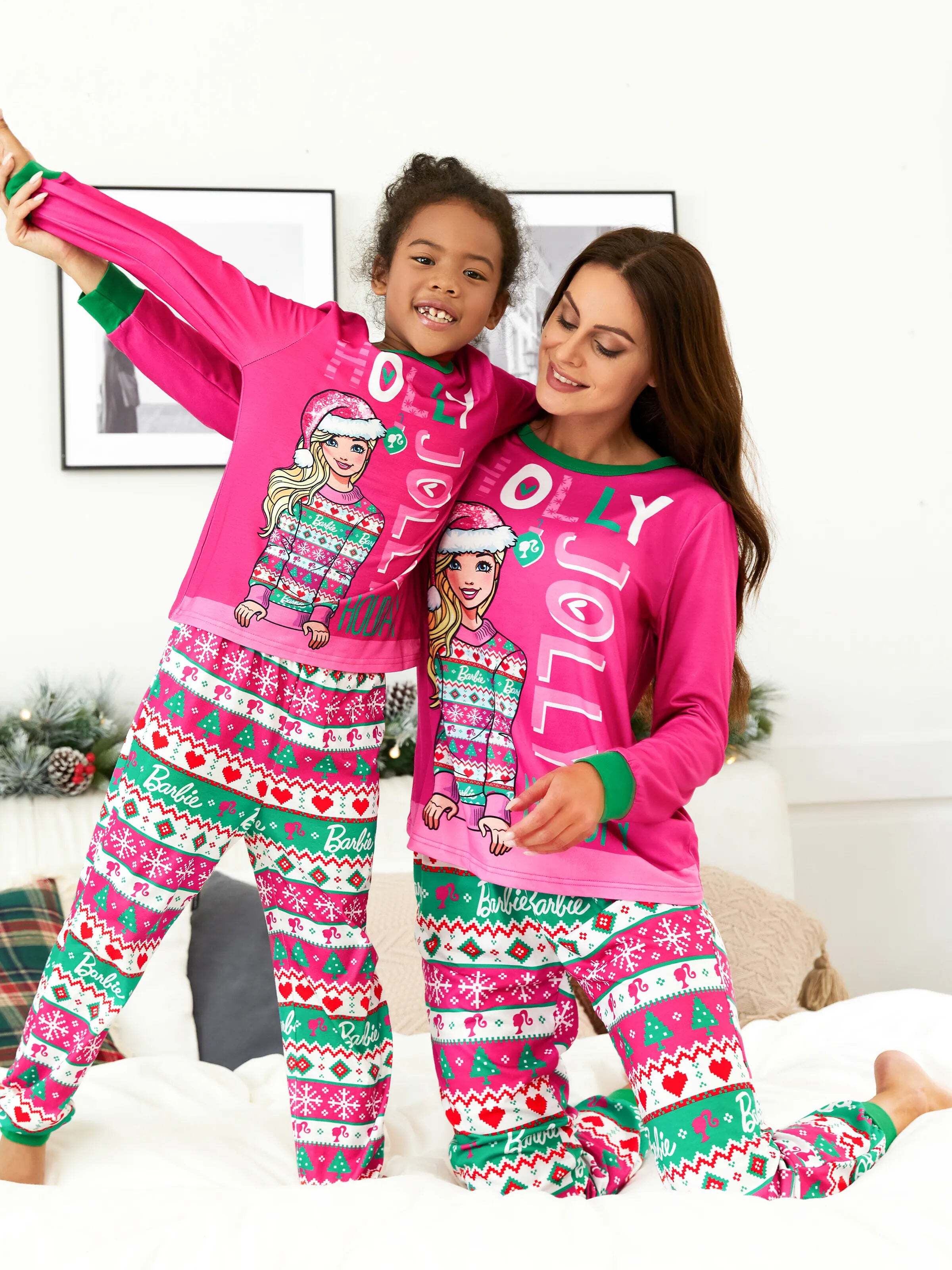 Barbie Mommy and Me Christmas Long-sleeve Graphic Print Pajamas Sets with Christmas Socks