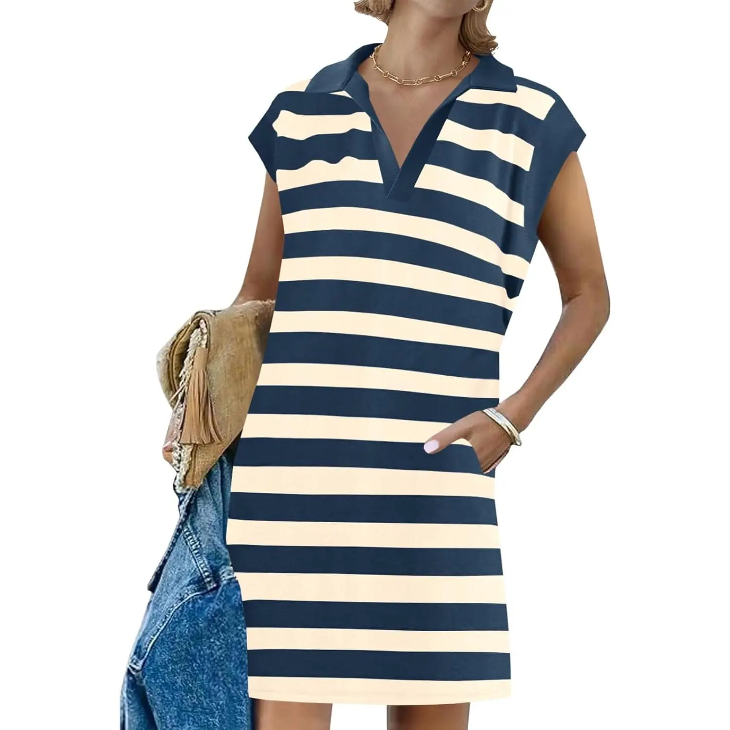 Womens Striped Summer Mini Dress Casual Cap Sleeve Polo V Neck T Shirt Dresses with Pockets