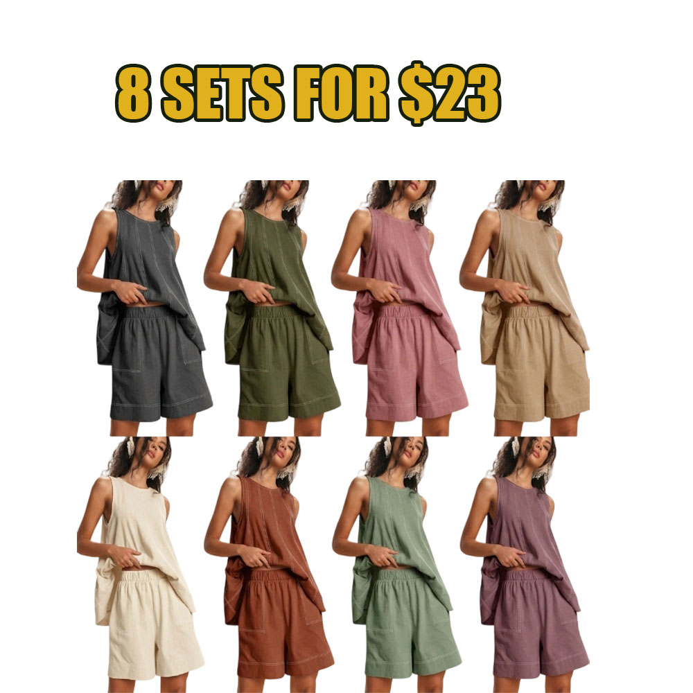 Women's 2-Piece Sleeveless Matching Set – A-Line Tank Top & High-Waist Shorts with Pockets