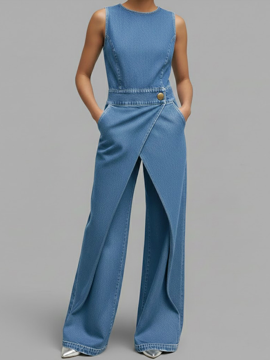 Women's Round Neck Sleeveless Casual Loose Denim Wide-leg Jumpsuit