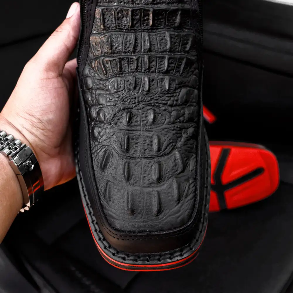 Black Caiman Neck Leather Botin With 3D Lightweight Soles - Square Toe