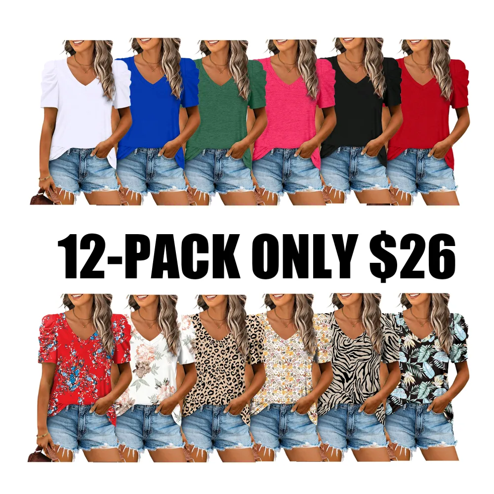 WlHOLL Women's Puff Sleeve V-Neck Summer Top – Stylish Casual Tee, XS–5XL