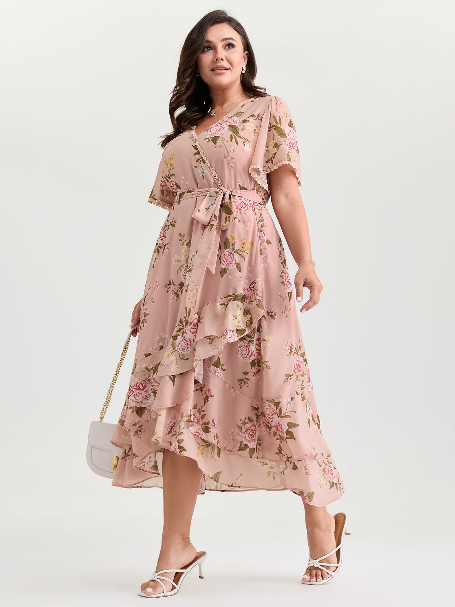 Soft Floral Print Lotus Leaf Hem Midi Dress