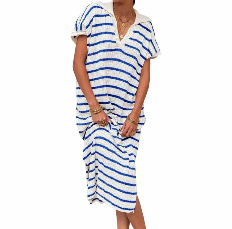 Women's Striped Summer Dress – V-Neck Short Sleeve Knit Collar Loose Maxi Dress with Slit