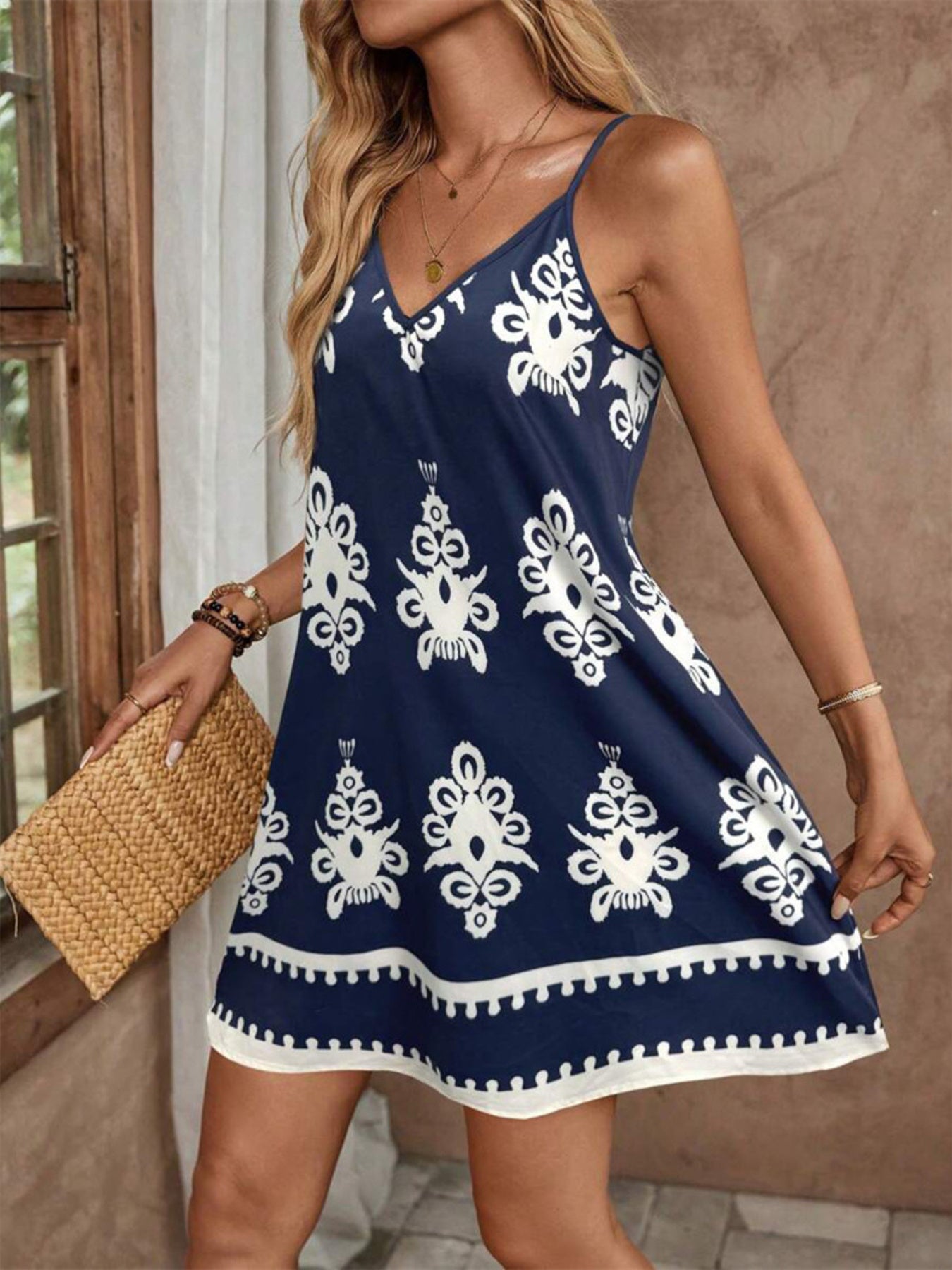 Printed V-Neck Sleeveless Mini Dress