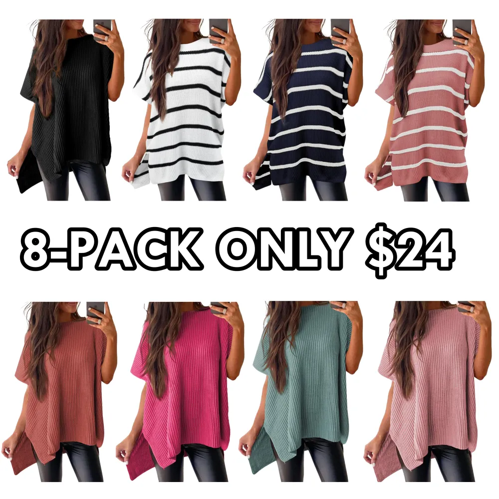 Women's loose-fitting round neck short-sleeved knitted sweater