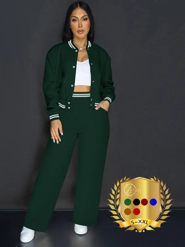 Women’s Solid Color 2-Piece Athletic Set – Baseball Jacket & Pocket Pants