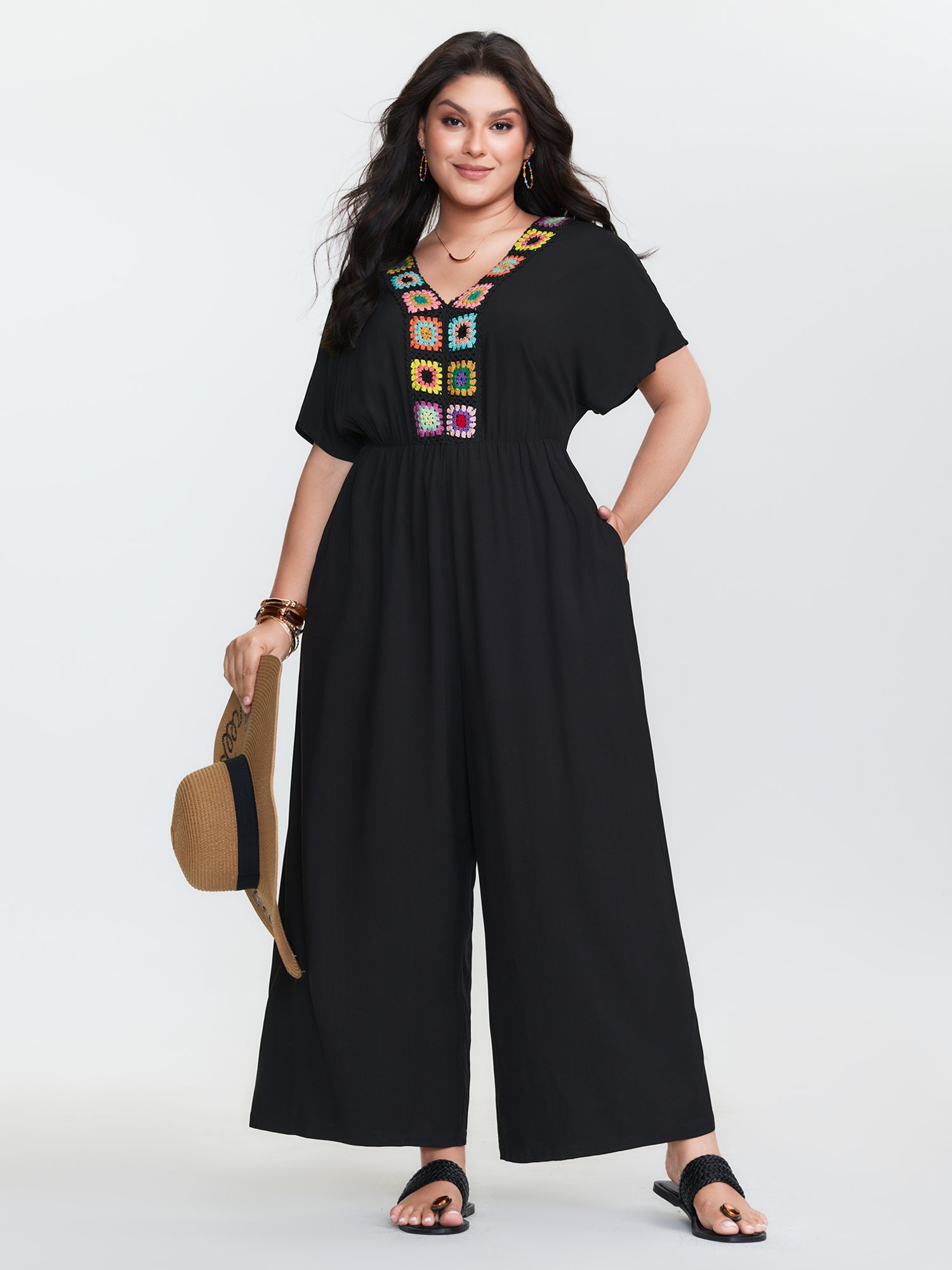 Colorful Crochet Neckline Plain Jumpsuit