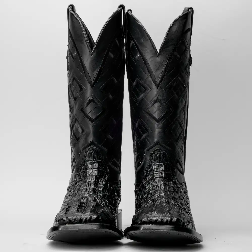 Black Caiman Neck Leather Boots - Square Toe