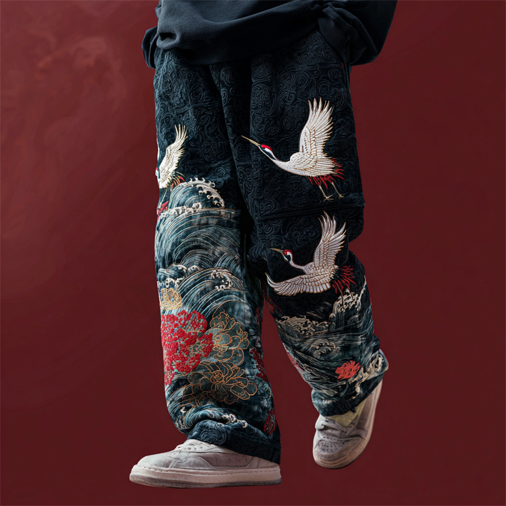 Japanese Ocean Crane Art Men's Casual Pants