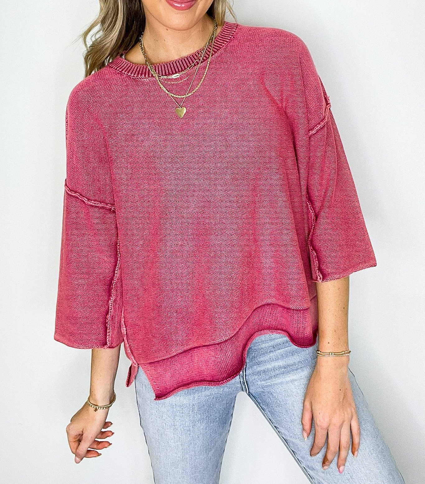 Cozy Fade Washed 3/4 Sleeve Relaxed Sweater