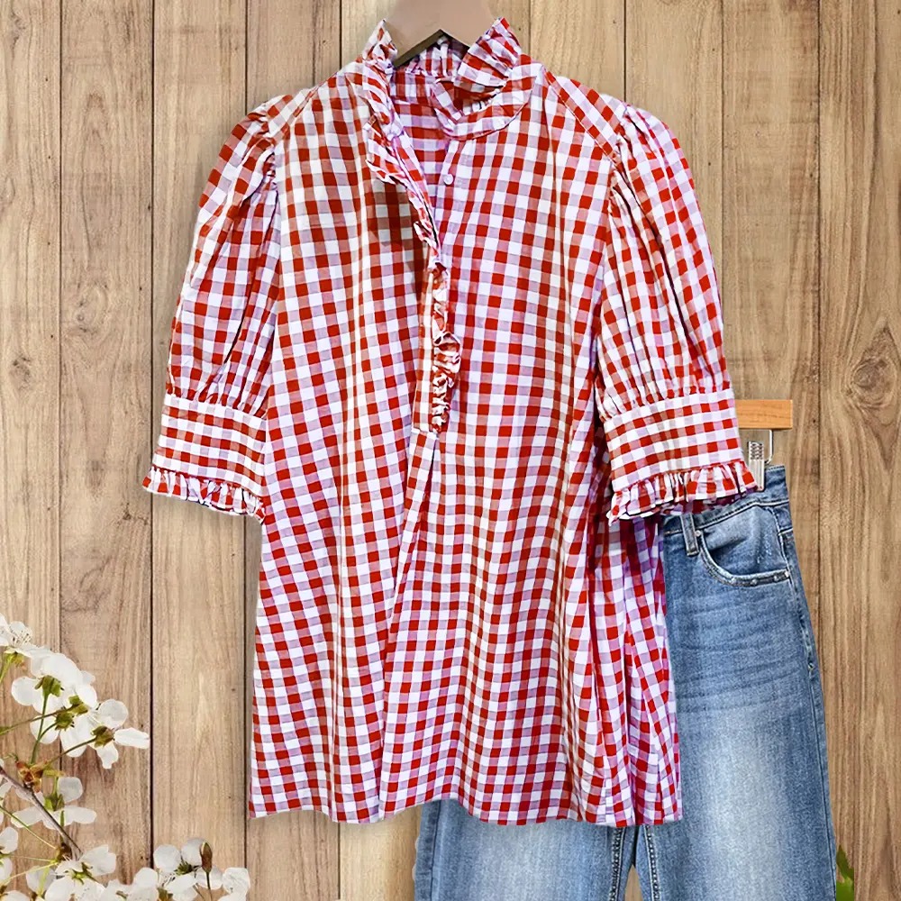 🌿 Women's Vintage Gingham Puff Sleeve Blouse