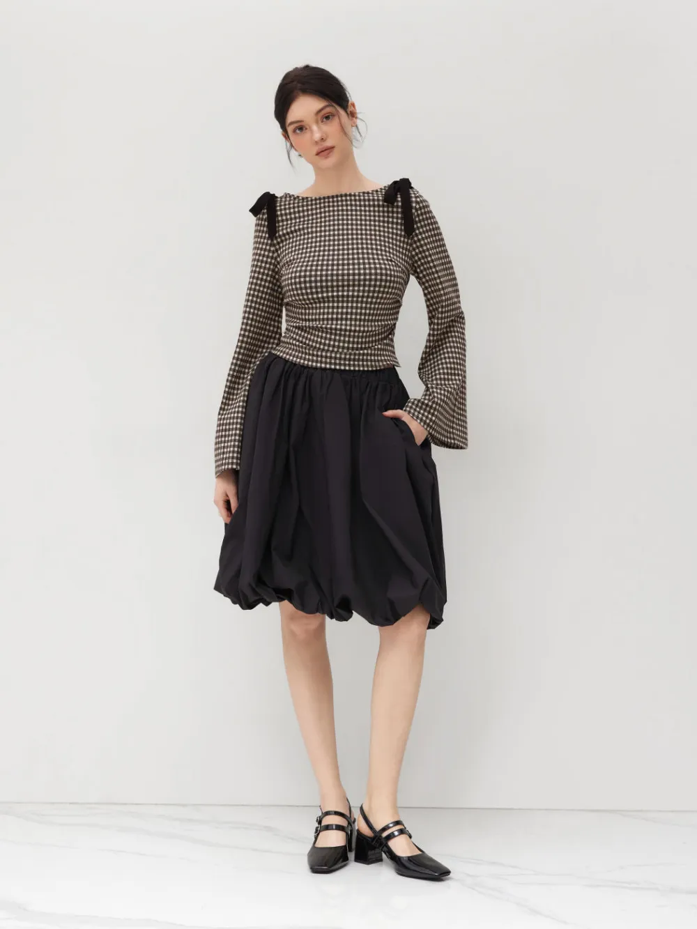 Boat Neck Gingham Bowknot Ruched Long Sleeve Top