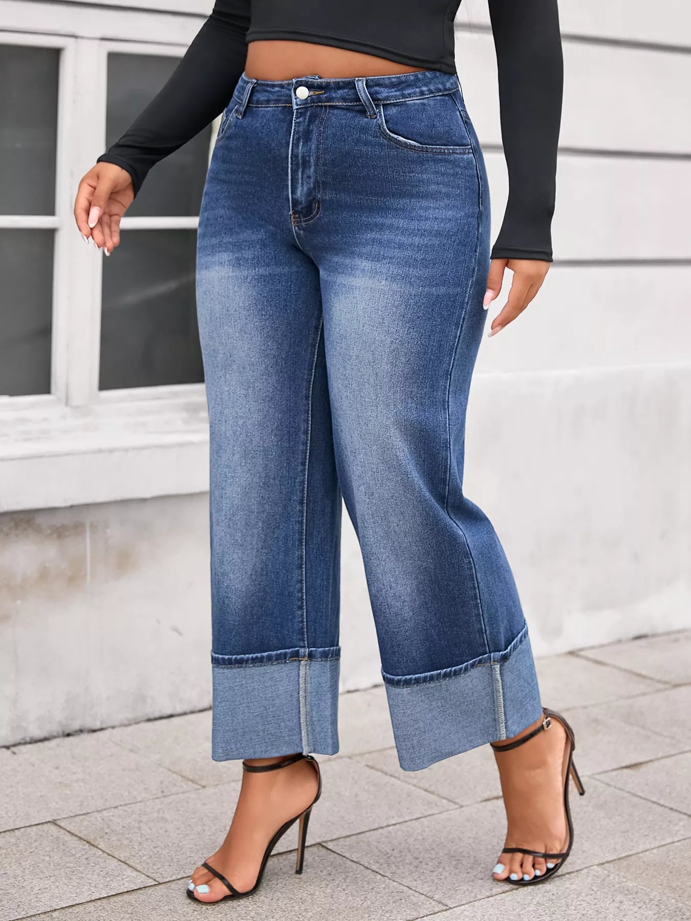 Plus Size High Waist Cuffed Wide Leg Jeans