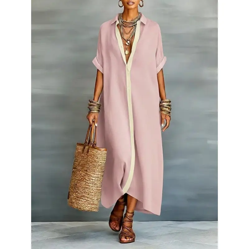 Boho Oversized Shirt Dress - Perfect for Beach, Vacation & Brunch! Contrast Trim Button Down Casual Loose Dress