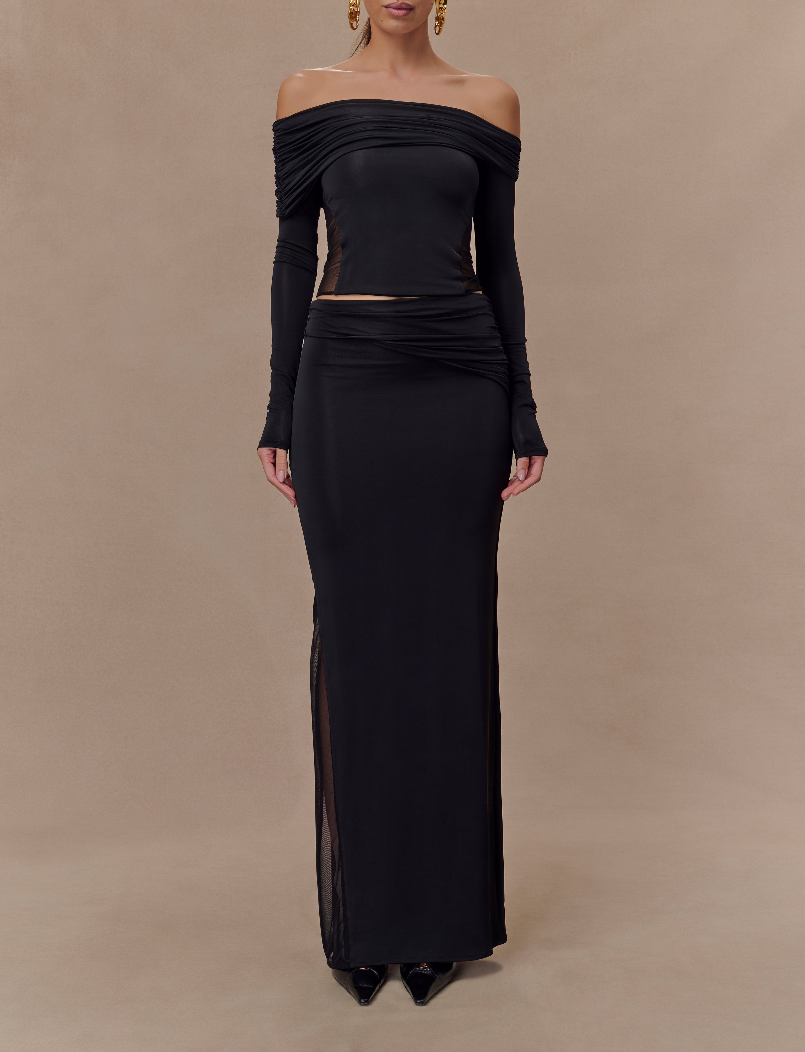 Black Slinky And Mesh Maxi Skirt