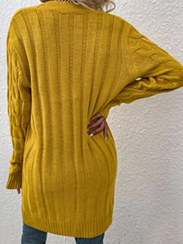 Women's Cardigan Sweater Cowl Cable Knit Faux Fur Button Pocket Summer Fall Long Daily Holiday Going out Stylish Casual Soft Long Sleeve Solid Color Black Yellow Light Green S M L