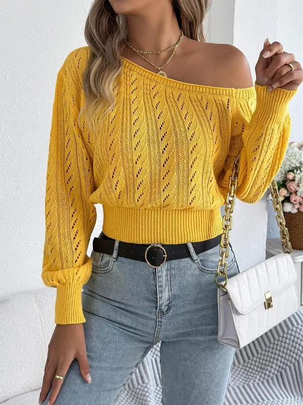Women's Plain Textured Hollow Out Asymmetrical Neck Sweater