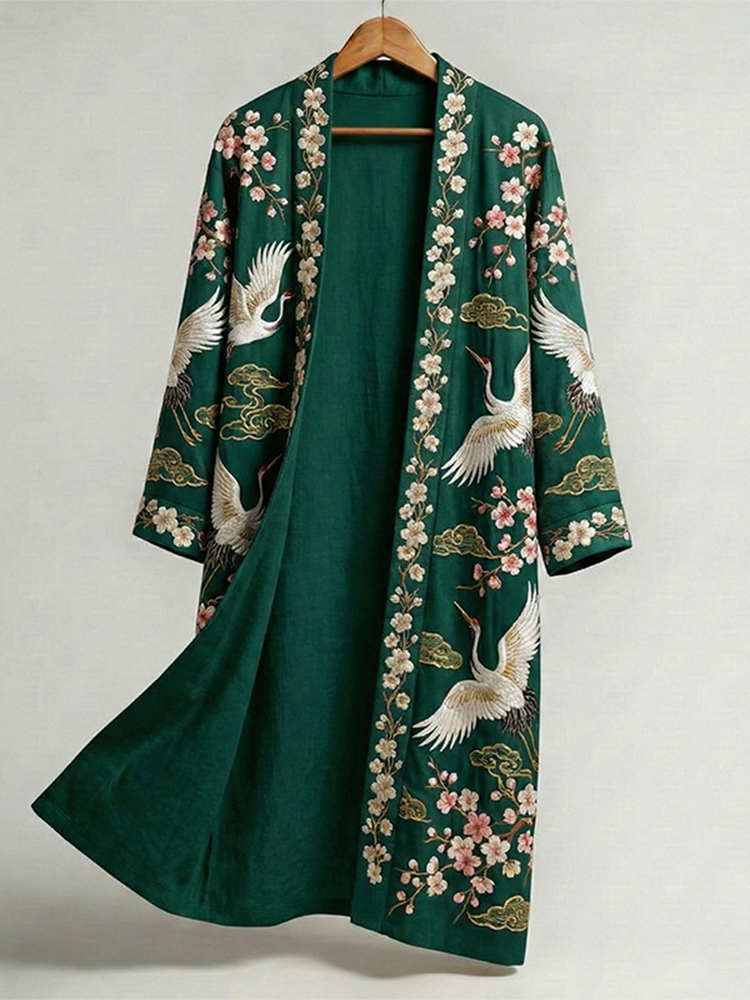 Men's Retro Crane Art Print Linen Long Kimono