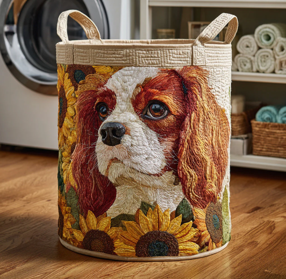 Vivid Cavalier King Charles Spaniel Pattern Quilted Laundry Basket Eco-Friendly Machine Washable Storage Organizer for Home Bathroom Bedroom | Dog