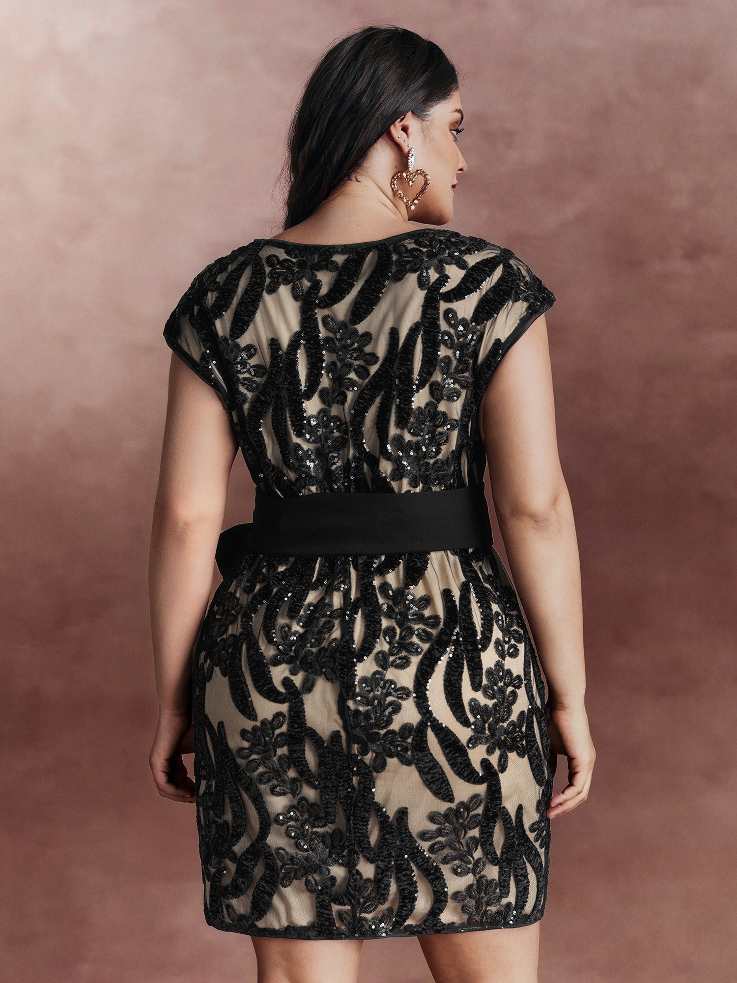 Sequin Mesh Belted Waist Mini Dress